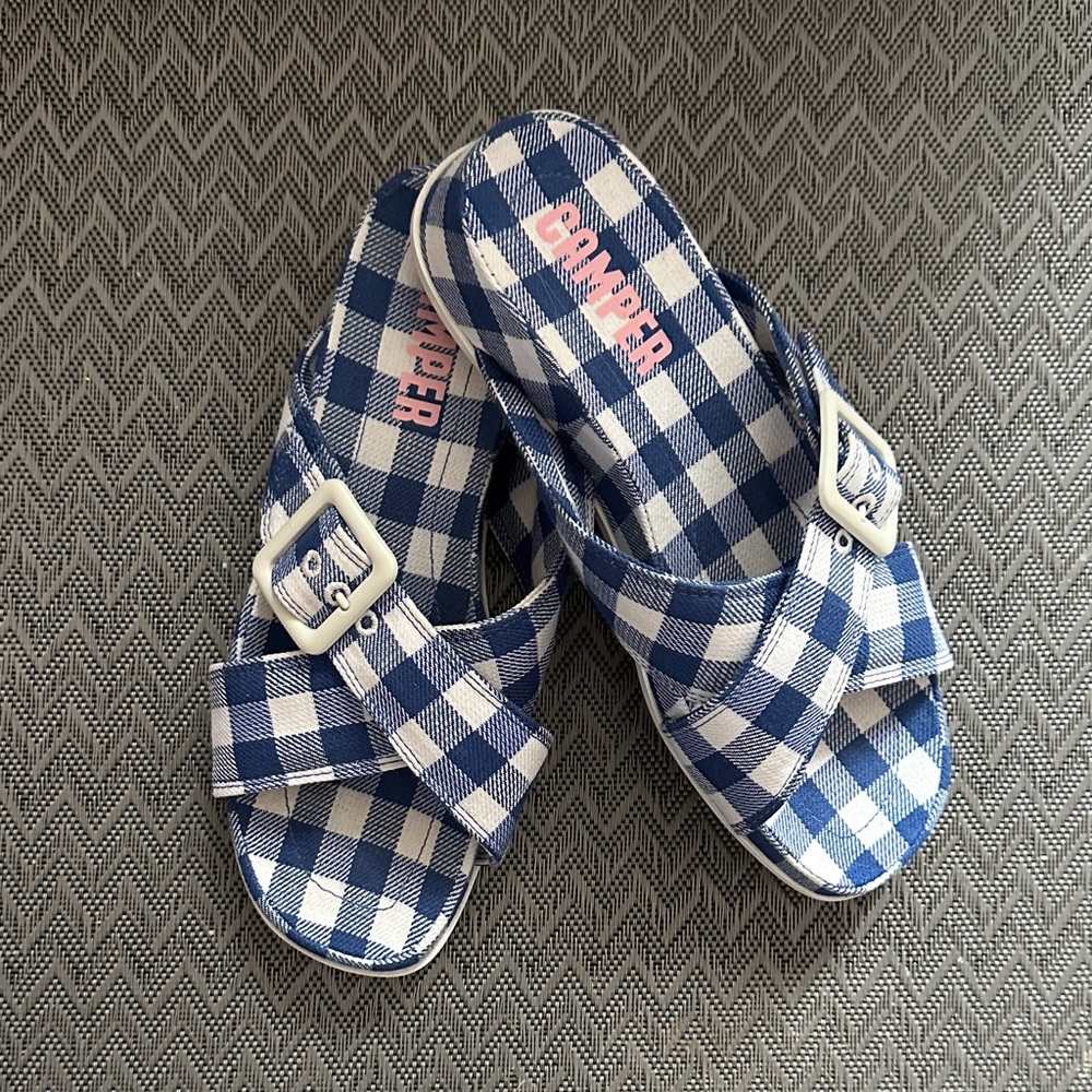 Camper Checkered Blue and White Sandals